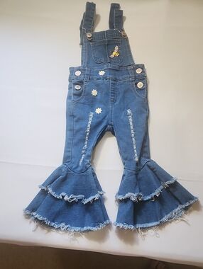 Girls' Blue Denim Ruffle Bell-Bottom Overalls with Daisy & Bee Appliqués